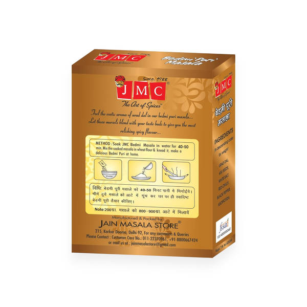 Jmc bedmi puri masala 100g box back side